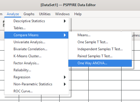 The analysis menu of PSPP is shown. The compare means subfolder is open with ANOVA being highlighted