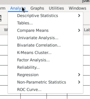 The analysis menu of PSPP shows options for descriptive statistics, comparing means, bivariate correlations, and many more.
